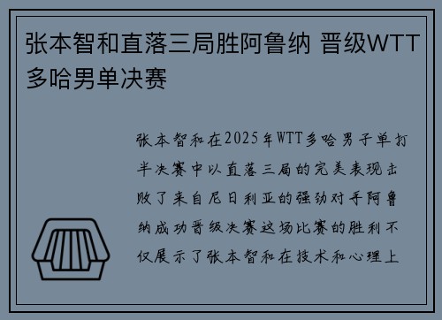 张本智和直落三局胜阿鲁纳 晋级WTT多哈男单决赛